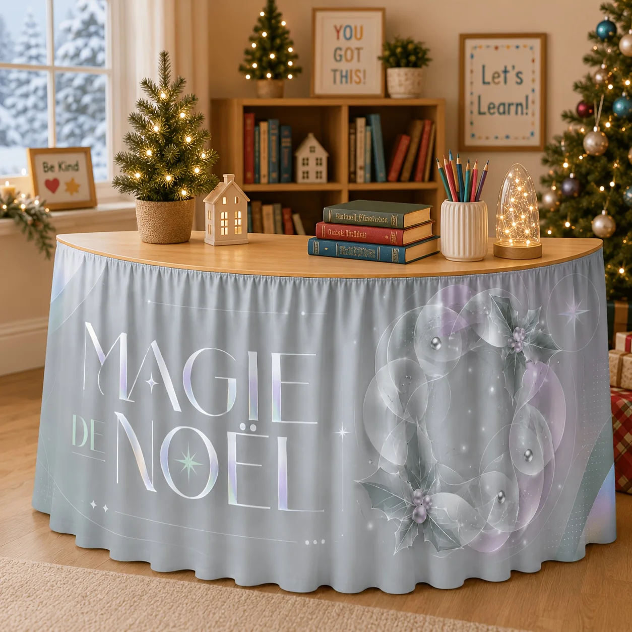 1-Pack, Rainbow Holographic Pastel Table Skirt Cover with Transparent Bubble Wreath and Holly Berry Stars