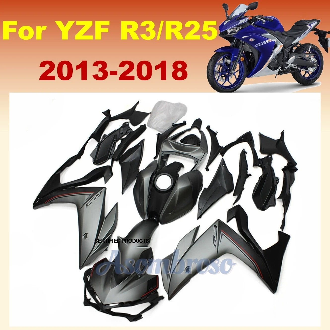 

New Full Fairing Kit fit For Yamaha YZF R25 R3 2013 2014 2015 2016 2017 2018 Motorcycle whole Fairings Matte Gray Black