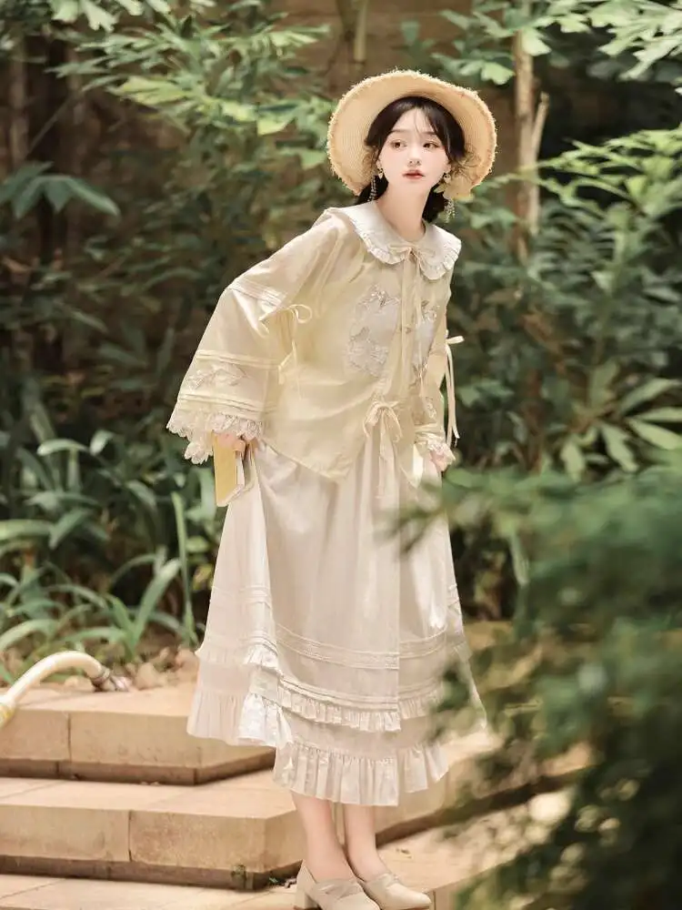 

Hanfu, весенне-летний комплект Han Element, повседневная куртка в национальном стиле для девочек, топ с платьем на бретелях