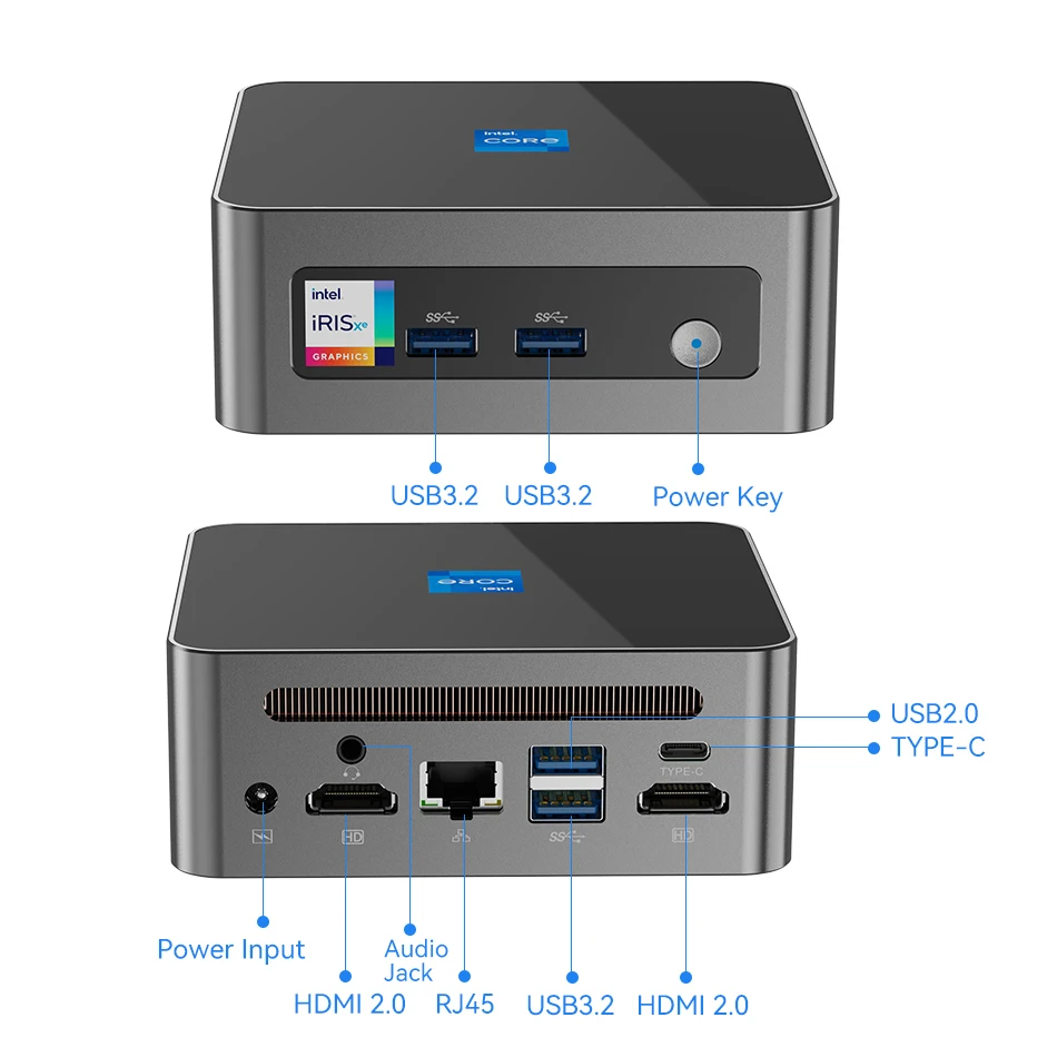 Mini PC Intel Core i5-12450H, i7-13620H, 2x Slots DDR4, 2x Slots SSD M.2, WiFi 6, Bluetooth 5.2, Tipo-C, 4K, Windows 11, 12th e 13th