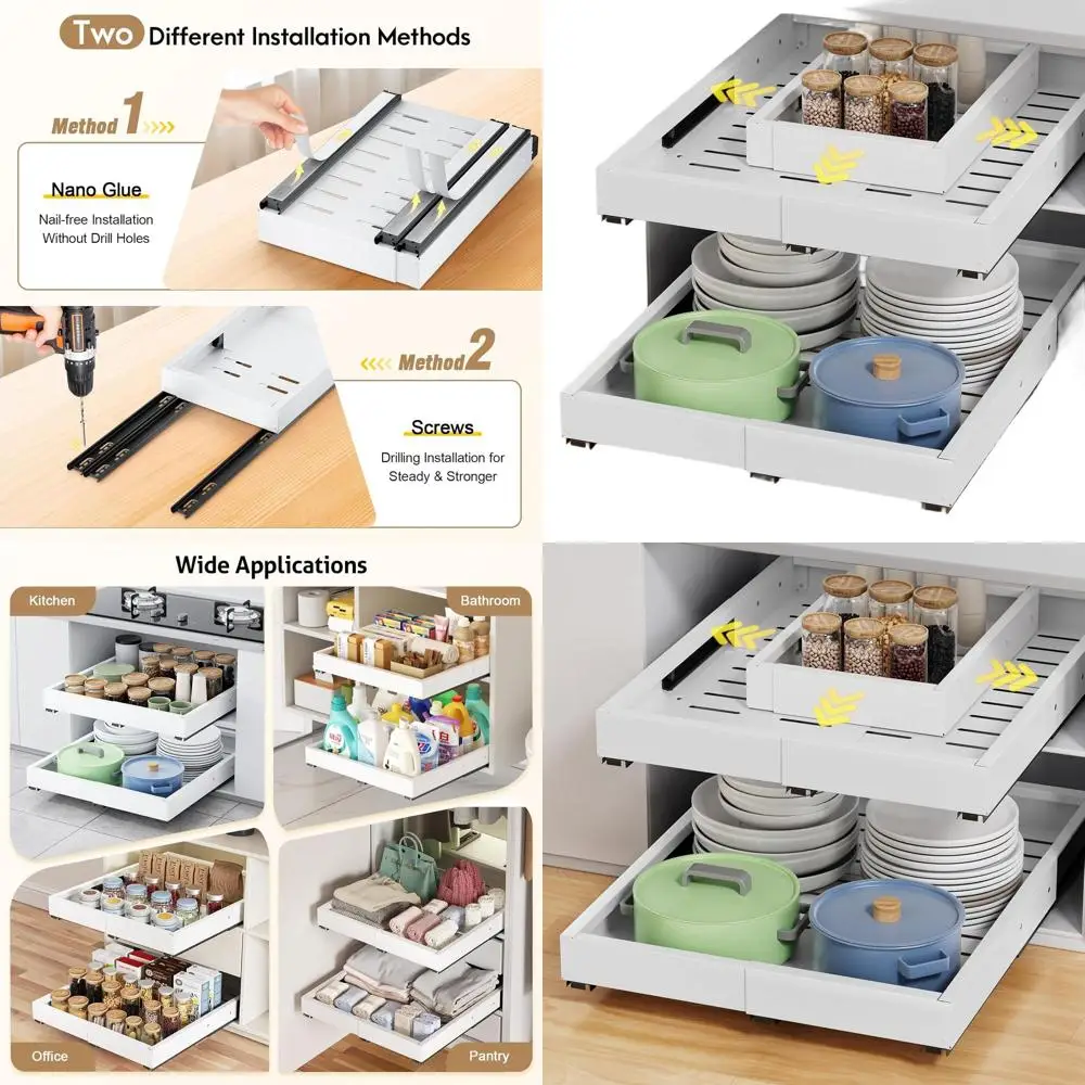 

Expandable Pull-Out Cabinet Organizer, Adjustable Width 11.4-18.9, Depth 16.3-21.7, 3 Rails, No-Drill Adhesive or Nail-Free, Ide