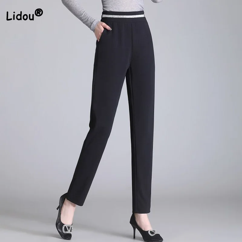 

Drape Black White Pockets Casual Trousers Spring Summer Fashion Silver Ribbon Splicing Elastic High Waist Womens Harem Pants