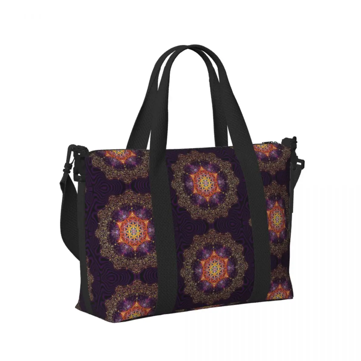 

Flower Of Life Golden Lace Mandala Beach Travel Bag Large Capacity Tote Bags for Gym Sport Women Shopping Duffle Shoulder Bag