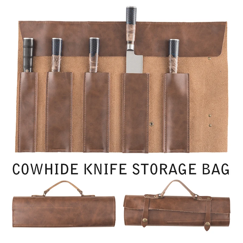 Portable Two-layer Cowhide Leather Chef Knife Bag Cooking Kitchen Knives Storage Roll Bag Camping Carry Case Pockets Pouch