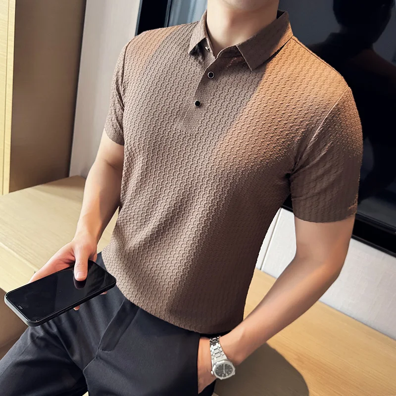 Brand Clothing Men\'s Casual Polo Shirt Solid Color Texture Lapel Breathable Leisure Tees for Men Summer Light Luxury Knitwear