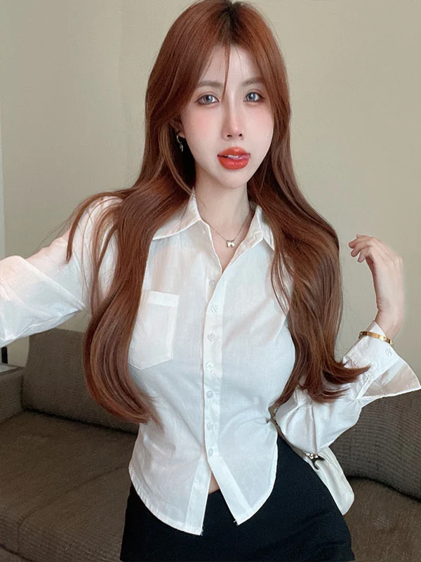 

Slim Fit Neck Shirt Women's Long Sleeve White Shirt Autumn Fashion Design Asymmetrical Knitted French Style Citywalk Bre...