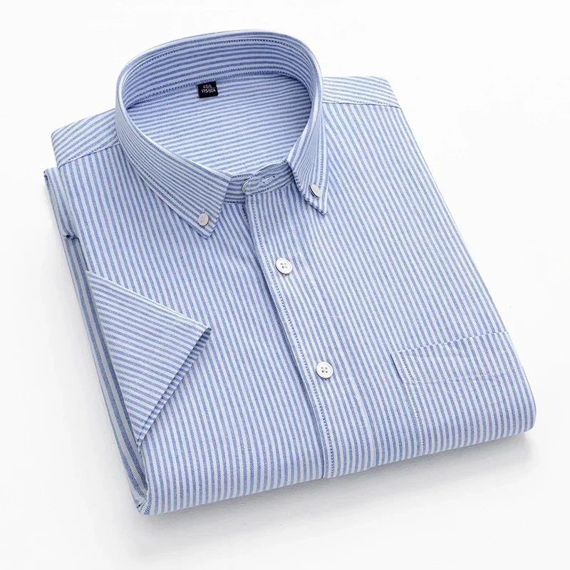 2026 100% Cotton Oxford Plaid Business  Men's Striped Fashion Short Sleeve Button Down Regular Fit Office Shirt Man Clothing