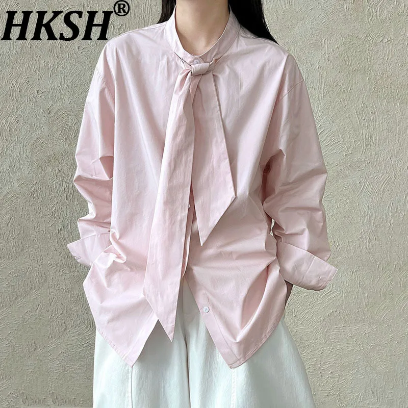 

HKSH весна осень новая женская рубашка с длинным рукавом и галстуком однотонная универсальная корейская элегантная модная повседневная блузка шикарные топы HK12875