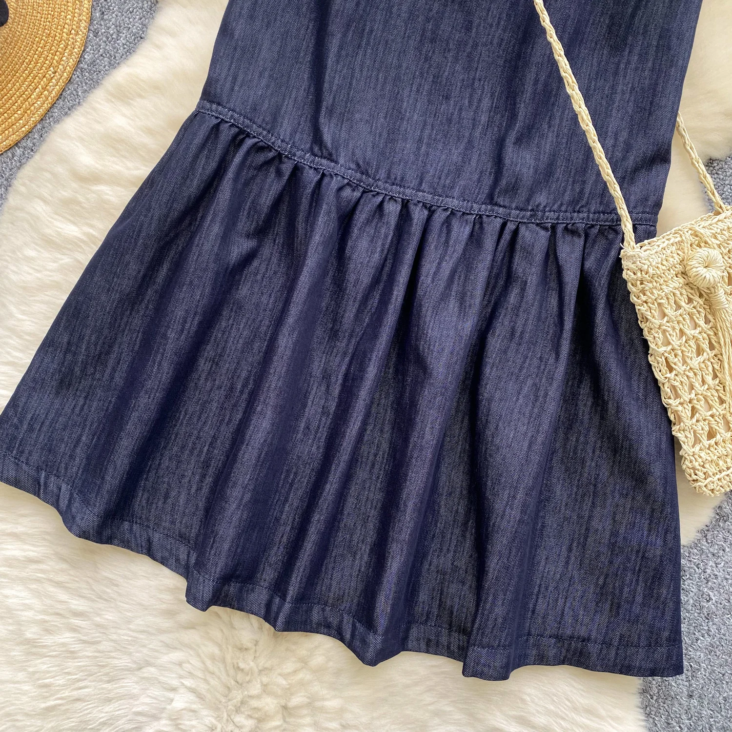 Robe mi-longue en Denim pour femmes, élégante, col rond, décontractée, courte, bleu foncé, manches débardeur, nouvelle collection été 2025 Chic