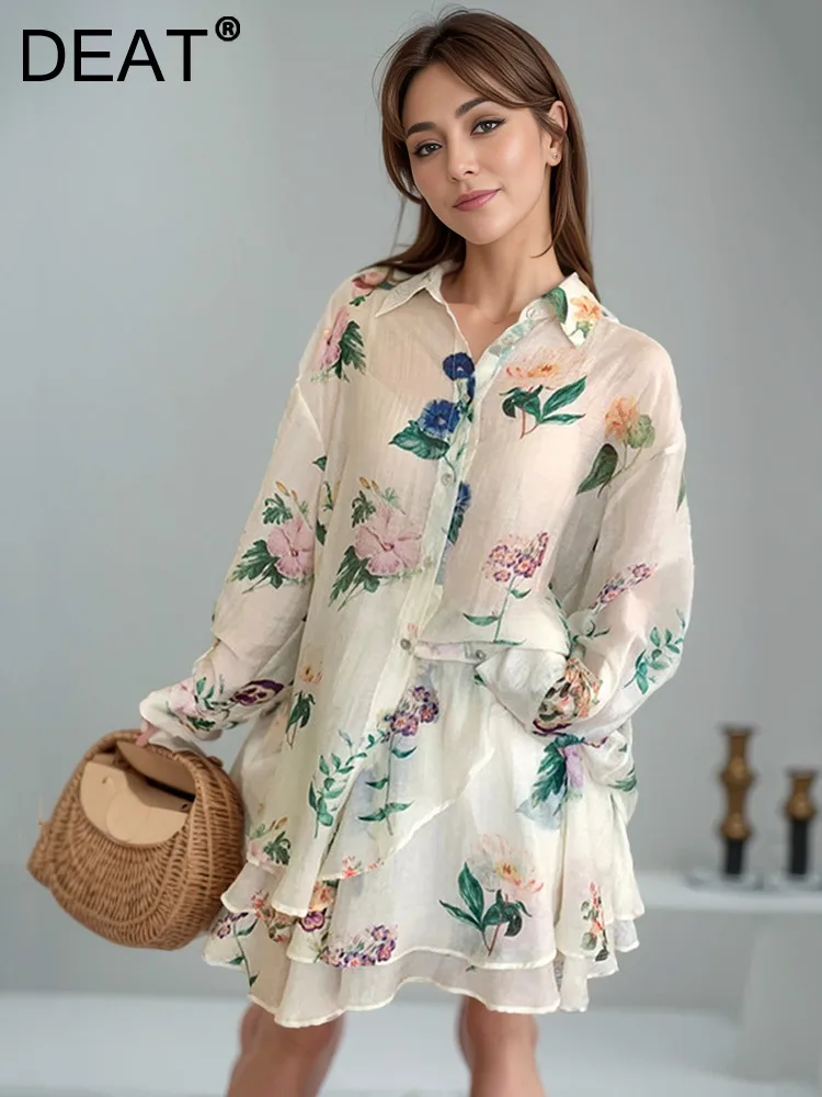 

DEAT Fashion Women's Sunscreen Print Shirt Lapel Single Breasted Loose Translucent Thin Loose Blouse Summer 2024 New 7AB4034