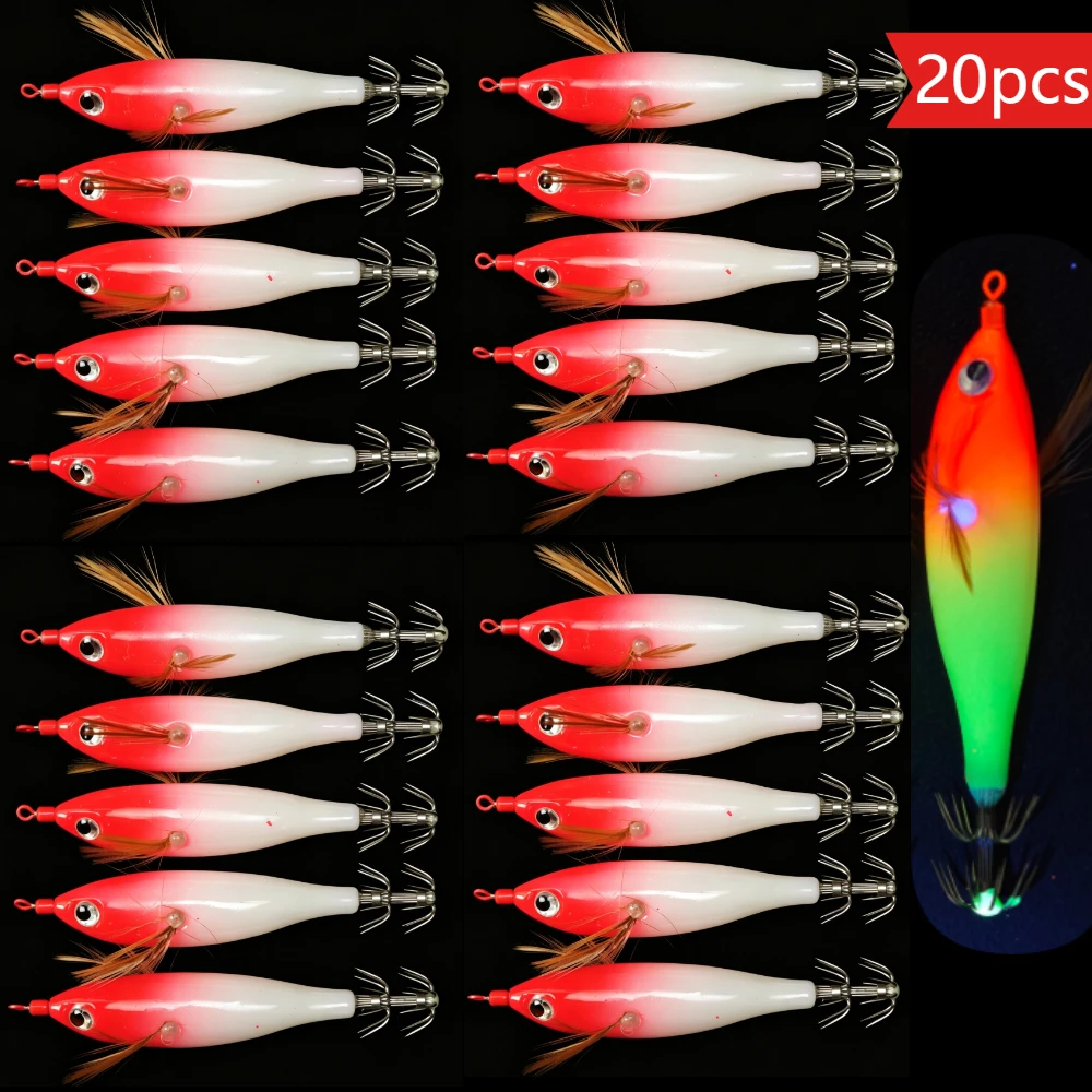 20 Stück/Set Leuchtende Garnelen-Köder, Leuchtende Horizontale Tintenfisch-Jig-Haken, Garnelen-Köder