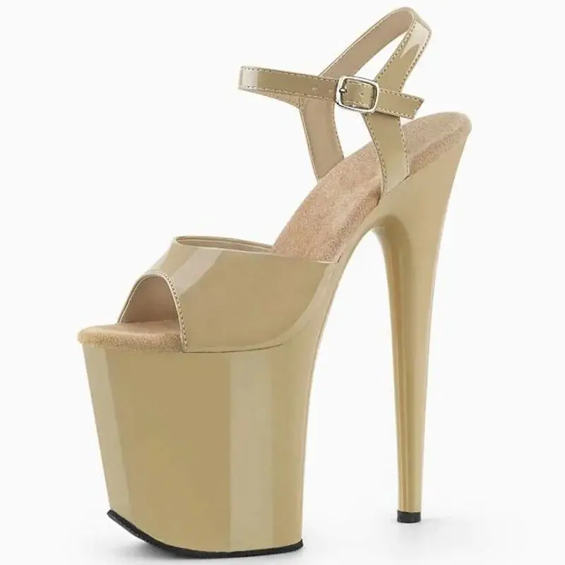 

20cm Ultra Platform High Heel Sandals Open Toe Beige Patent Leather Buckle Strap Evening Club Dance Shoes Female