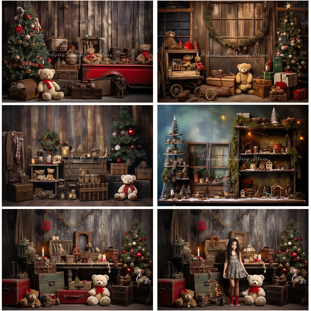 

Christmas Gift Bear Toys Photo Background Retro Wooden Houses Photography Backdrop Family Party Kids Portrait Photo Studio Props