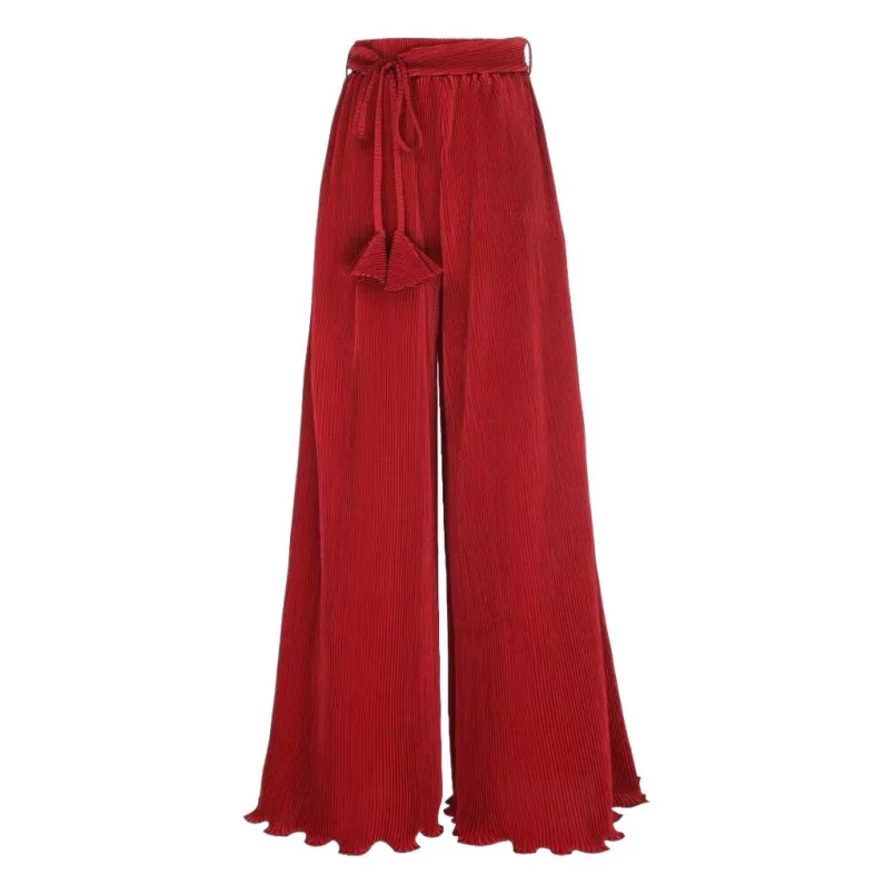 2024 Spring & Summer women high waist Ruffle pleated trousers Red Bohemian beach pants Plus size Holiday trousers 5XL 6XL