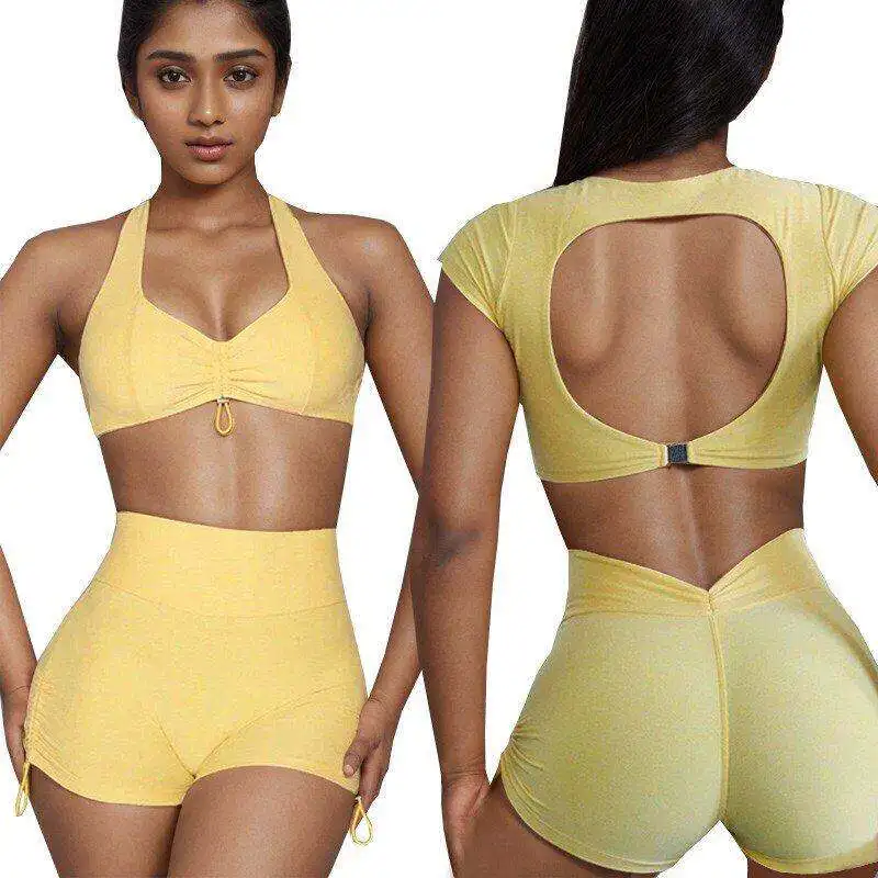 

Sexy Shockproof Backless Fitness Sports Bra And Shorts Women's Gymnastics Set Peach Butt No Brand Registered Trademark