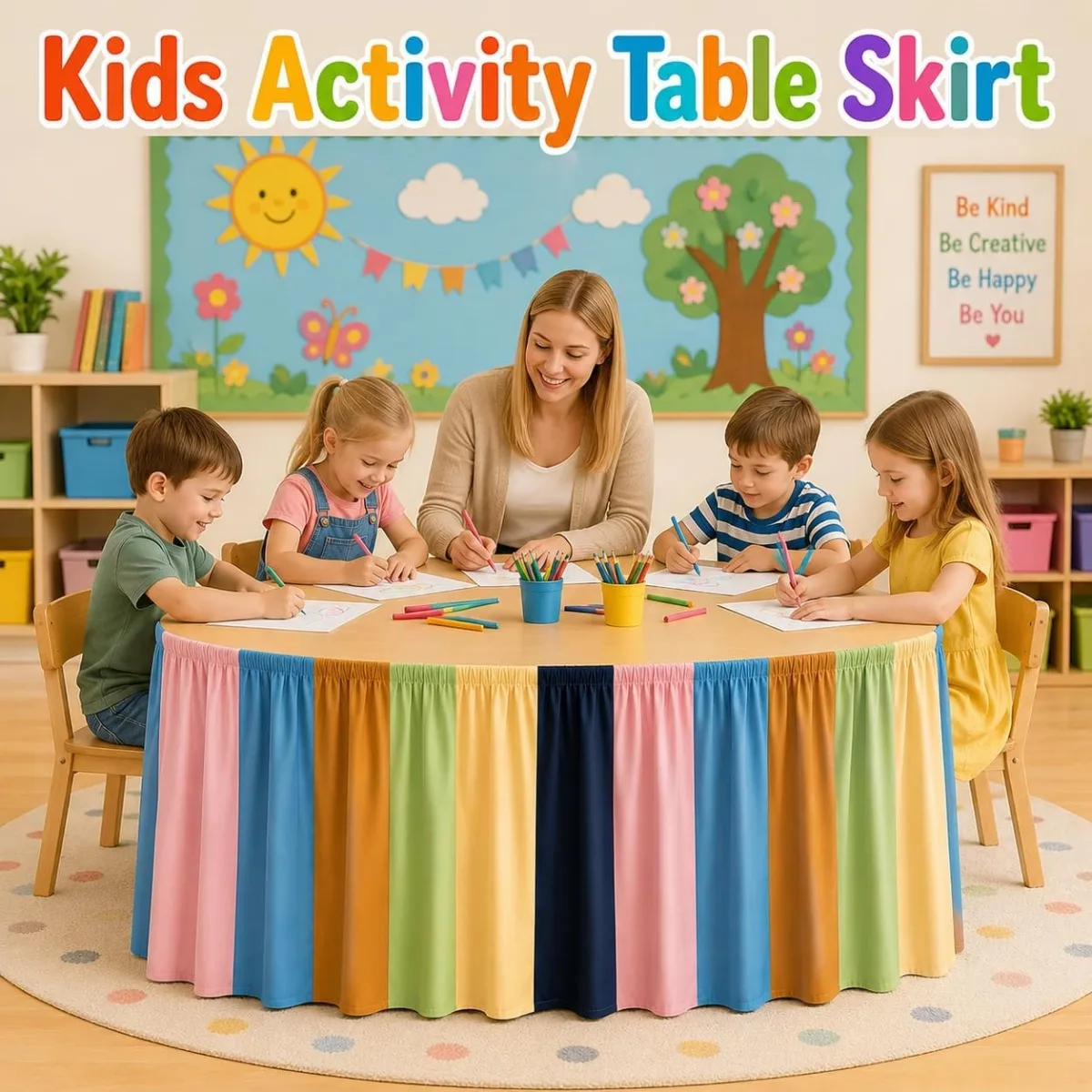 1PC, rainbow vertical strip table skirt, colorful tablecloth table skirt, multi-color vertical patchwork stripe design