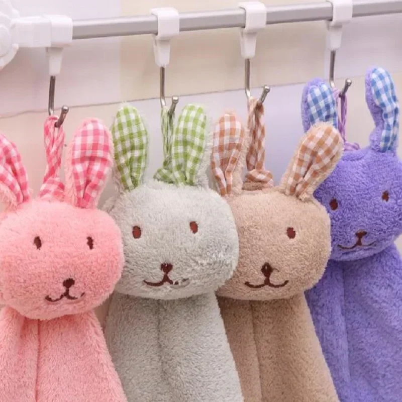 Cartoon Cute Bunny Hand Towel Coral Fleece Absorbent Hand Towel Kitchen Hangable Rabbit Head Cleaning Towel Rag  Baby Stuff