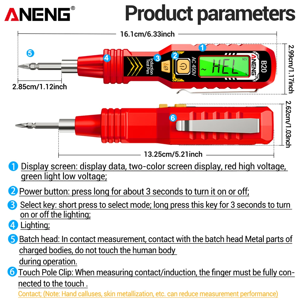 ANENG B20 Digital Screwdriver Smart Double Head Tester 11V~ 450V AC Voltage Detection Dual-use Slotted Cross Electrician Tools