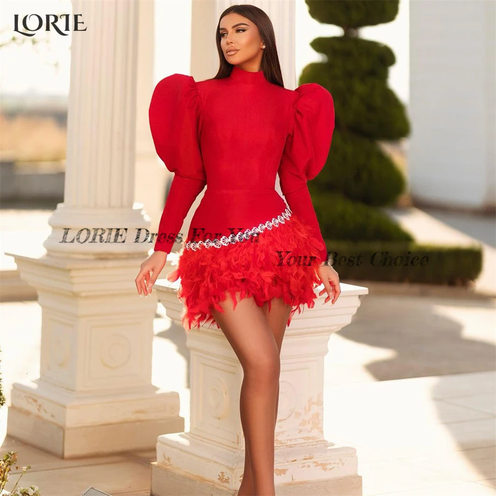 LORIE Red Solid Cocktail Party Gowns Mini High Neck Puffy Sleeves Feathers Evening Dresses Knee Length Celebrity Prom Dress 2024