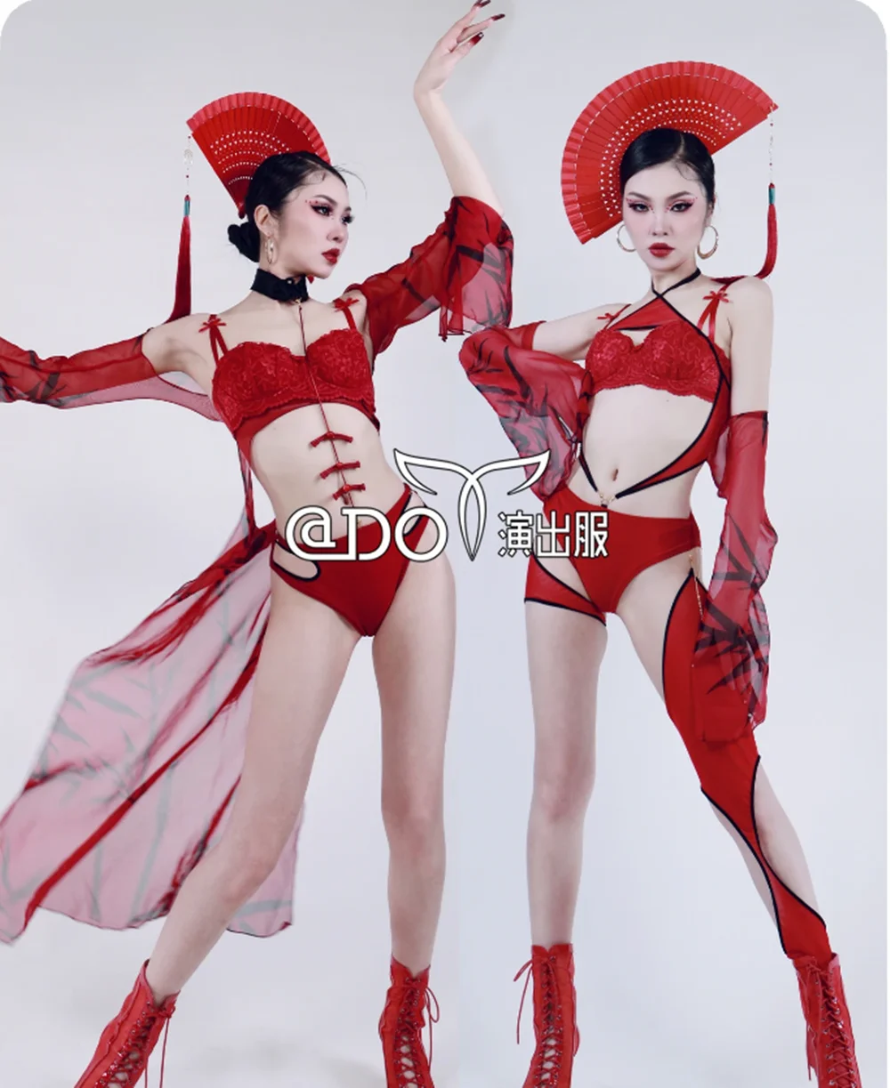

Nightclub Bar Costumes Women Gogo Dancer Performance Wear Chinese Style Red Kpop Stage Clothing Festival Party Outfit