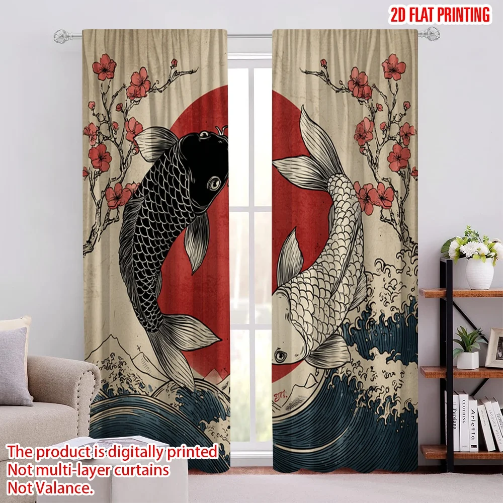 2D flat printing 2pcs Window Drapes Yin Yang Koi Japan Wave Digital Printed Polyester Drapes Seasonal Party & Holiday Decor