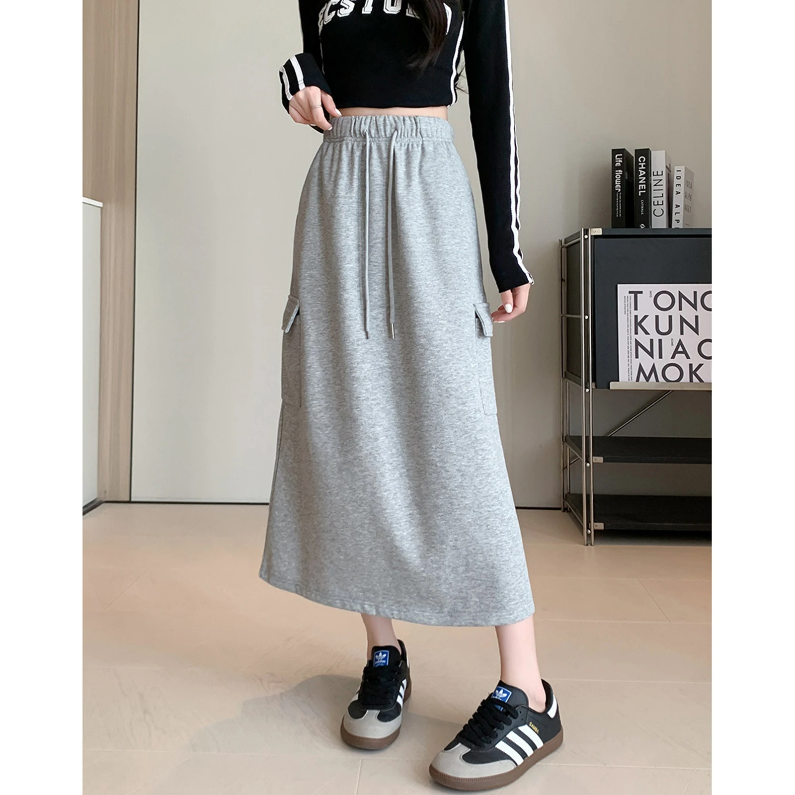 

A-Line Long Skirt Women Solid High Waist Pocket Skirt Elastic Waist Drawstring Rear Split Work Dress Casual Daily