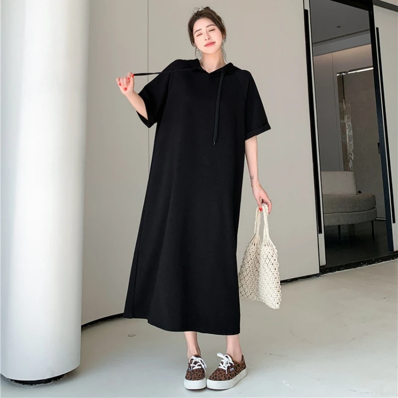 プラスサイズ スリット入りTシャツ ルーズフィット 半袖 パーカーワンピース レディース 春夏 細見え カジュアル 無地 ロング丈ワンピース