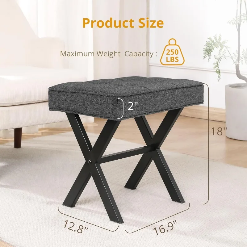 Vanity Stool, Square Linen Makeup Stool with Metal X Legs, Small Ottoman Stool Chair for Vanity, Modern Padded Vanity Seat Foot