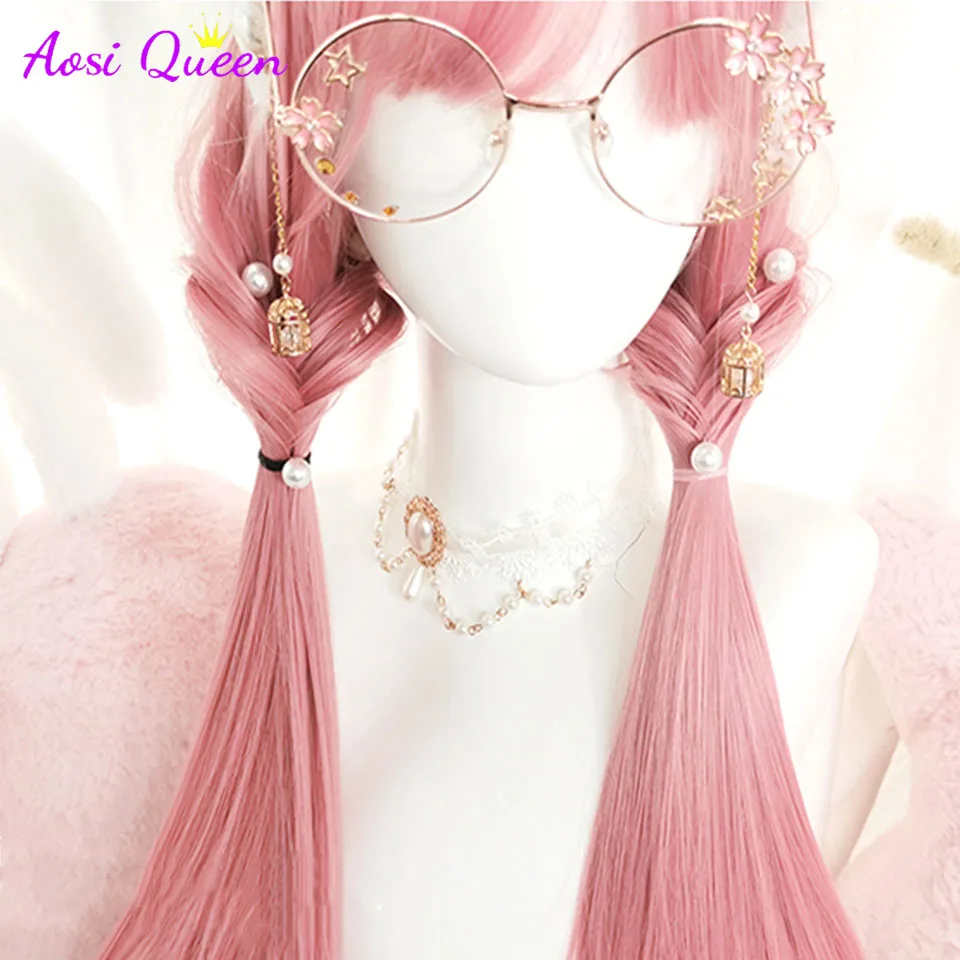 A0SI Peluca de Cosplay con flequillo para mujer, pelo lacio sintético, 24 pulgadas de largo, resistente al calor, color rosa