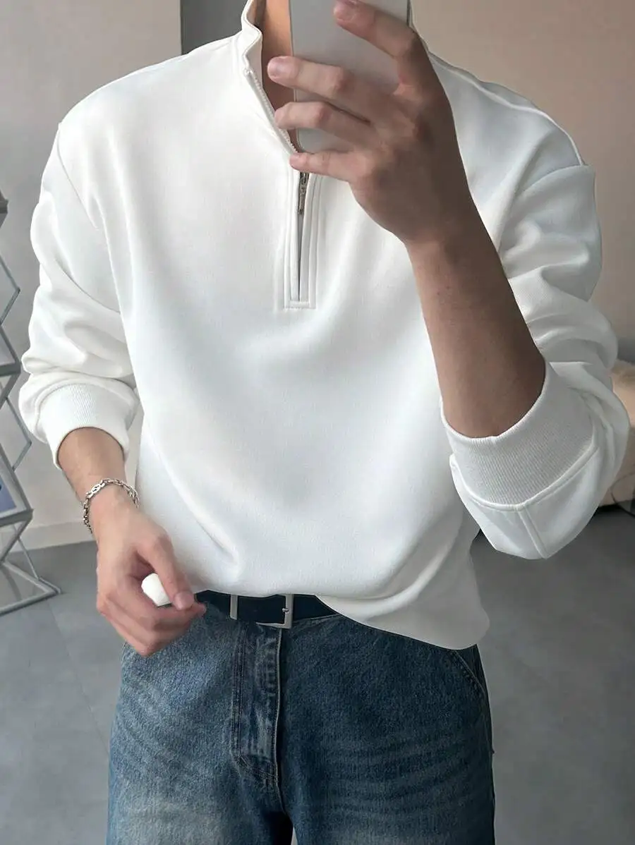 Men's Solid Color Quarter-Zip Long Sleeve Sweater, Casual Fit for Autumn