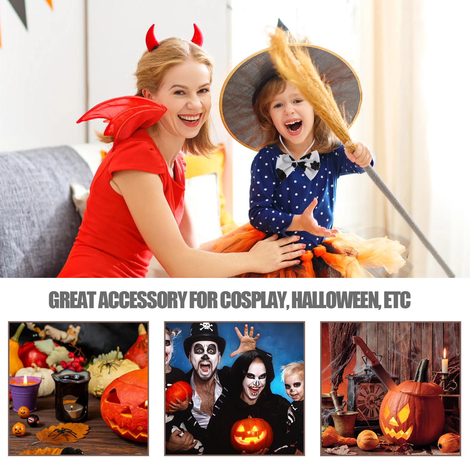 3Pcs Cow Costume Set Horns Headband Bow Tie Tail Premium Material Halloween Accessories Halloween Costumes