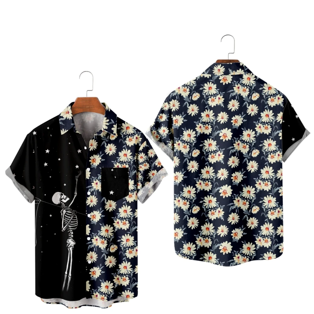 

Casual Shirts for Men Daisies and Skeletons Print Coconut tree Short Sleeve Shirts Summer Beach Vacation Tops Breathable