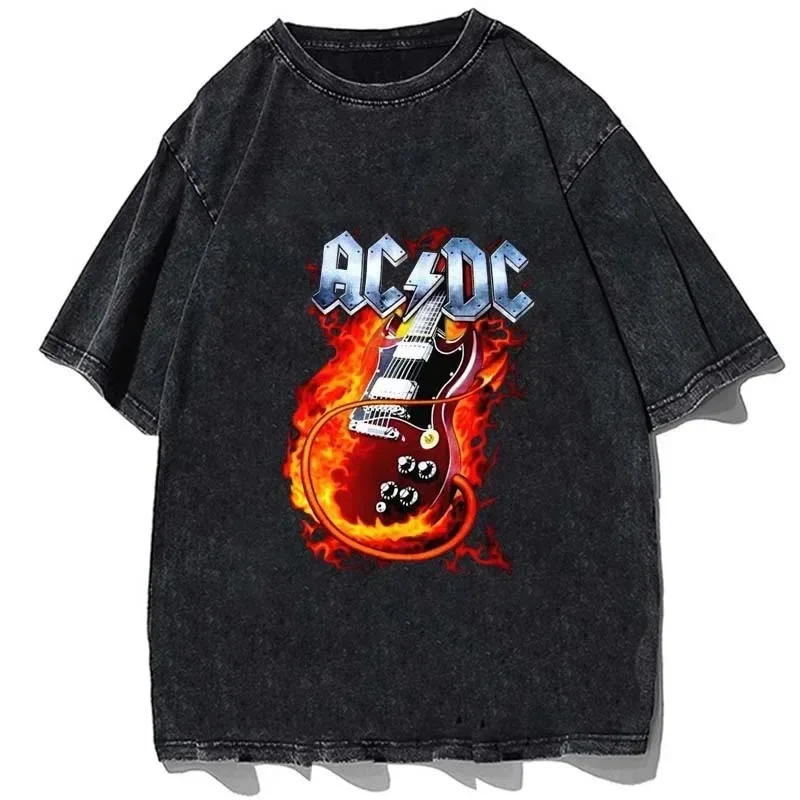 

2024 Washed Cotton Mens Women Vintage Ac Rock Band Oversize Shirts Streetwear Harajuku Short Sleeve TShirt Loose Cotton Tops