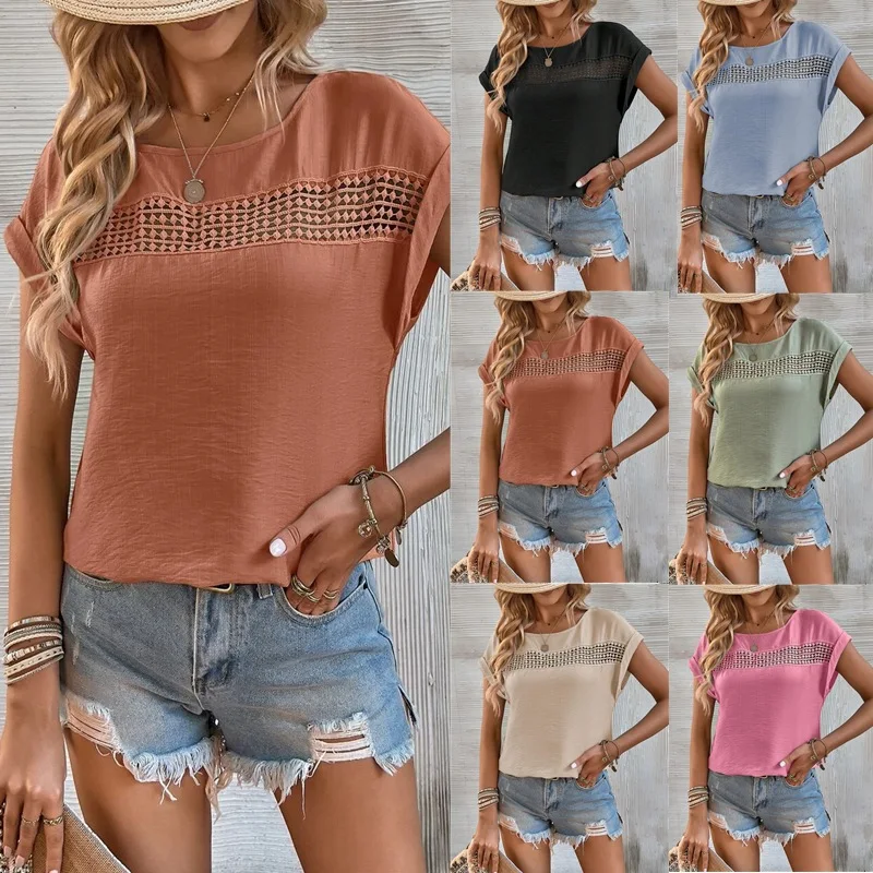 

Round Neck Solid Color Short Sleeved Lace Hollow Women's T-shirt High Street Fashion Elegant Versatile Summer Top