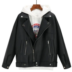 2021 New Arrival Women Autumn Winter Leather Jacket Oversized Boyfriend Korean Style Female Faux Coat Outwear Black Bike Jacket