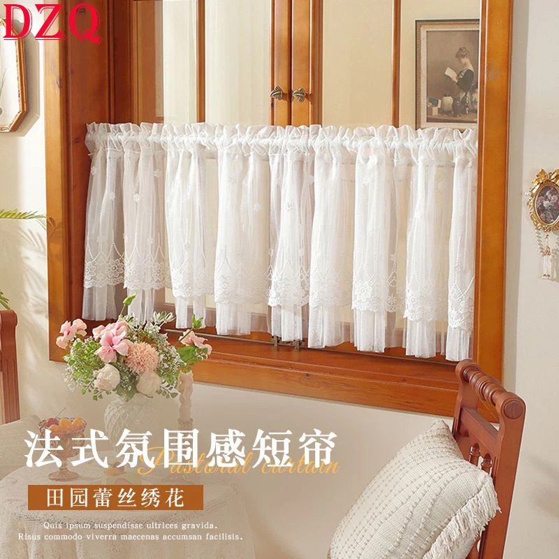 

Flowers Embroidery Half Curtains for Kitchen French White Lace Sheer Tulle Short Curtains Living Room #A678