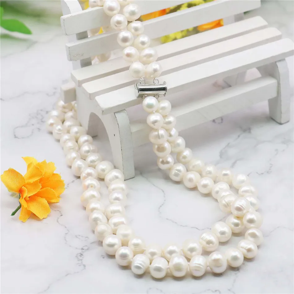 Natural 2Rows 7-8mm White Akoya Saltwater Pearl Necklace 17-18