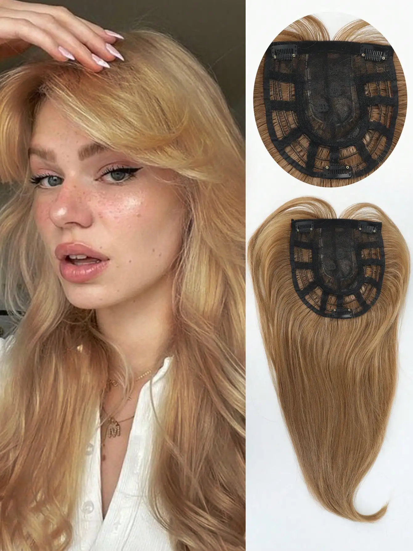 Synthetic 14inch Long Straight Bangs Topper Hair Piece, Center split, Top patch, Wig for daily use，Women Natural Fake Hairpiece