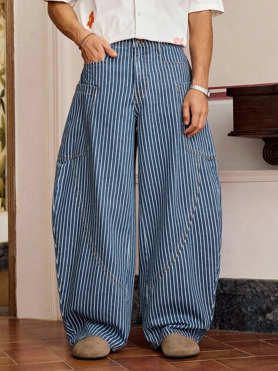 Mens Striped Wide Leg Denim Pants Loose Fit Casual Daily Wear