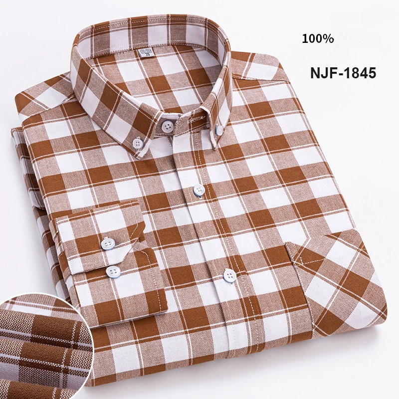 Camisa Oxford de manga larga para hombre, Camisa de algodón a rayas a cuadros, bolsillo informal de negocios, corte Regular, botón hacia abajo, S ~