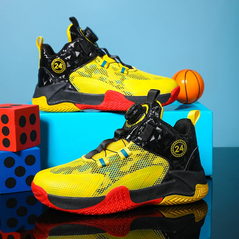 Yellow Children's Basketball Shoes Mesh Breathable Sports Shoes For Teenagers Non-Slip Wear-Resistant Basketball Sneakers Kids