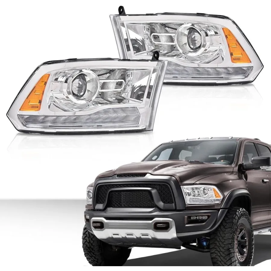 

LED Bar Plank Style Headlights Assembly w Bulbs Compatible With 2013-2018 Dodge Ram 1500 2500 3500 Pickup 1 Pair Clear Lens Clea