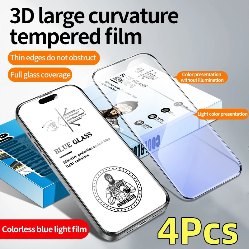 

4Pcs Anti Blue Light Tempered Glass For IPhone 15 12 11 Pro XR X XS Max 14 Plus 13pro max Screen Protector