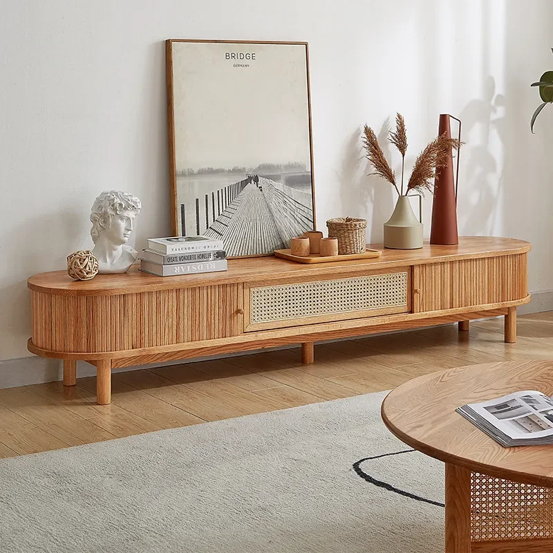 Japanese Style Solid Wood Rattan TV Cabinet Small Apartment Household Locker Simple Modern Designer Rolling Shutter Door