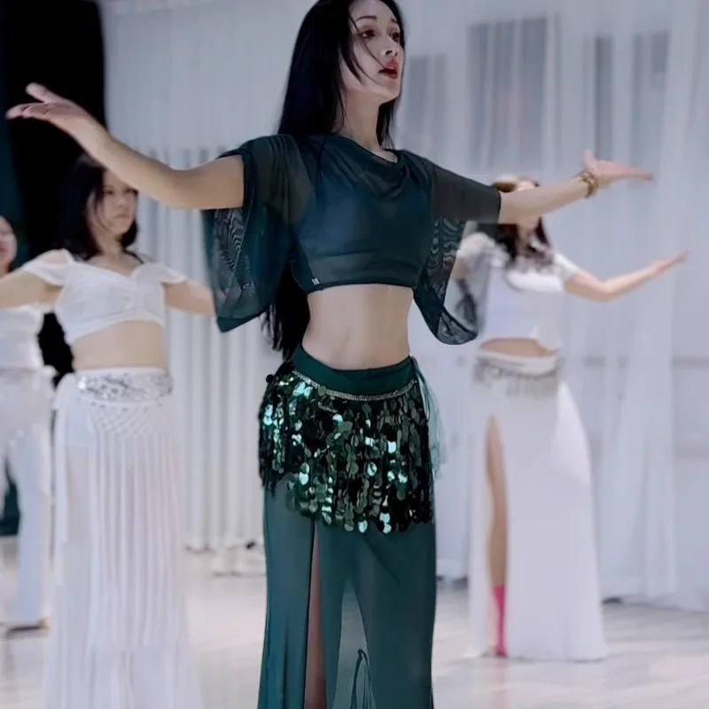 

Customized Belly Dance Clothes New Set Performance Costumes Class Dress Sexy Temperament Practice Dress Ink Green Mesh Beginner