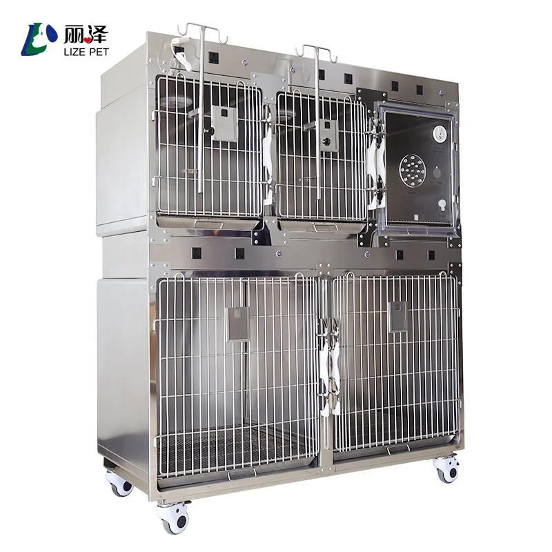 LIZE PET Stainless Steel Iron Exhaust Function Cage for Animal Use Pet Clinic Dog Cat ICU Oxygen Double Layer 5-Door Veterinary
