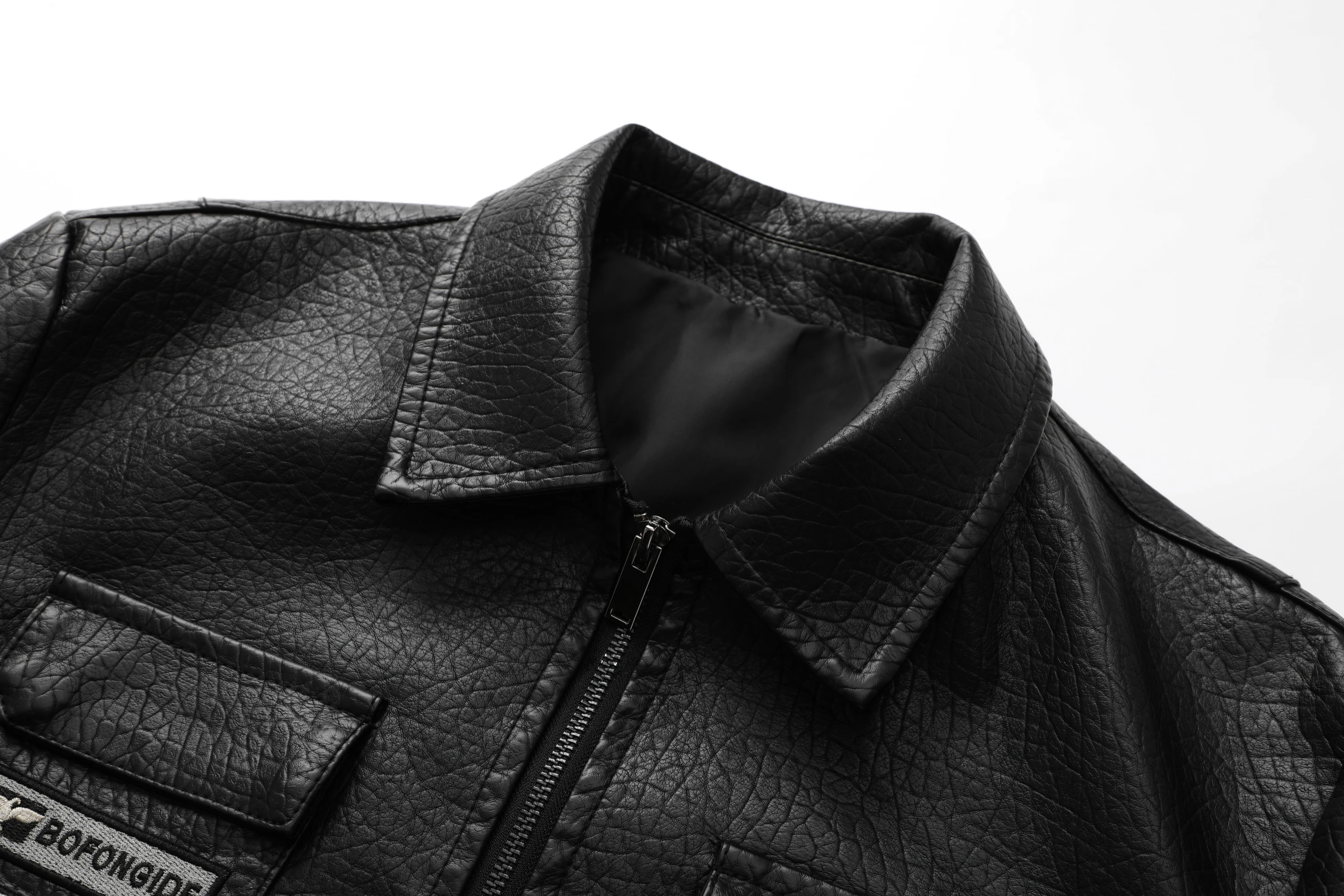 جاكيت دراجة نارية من الجلد الصناعي المطرز للرجال ، جاكيت طية صدر السترة #4