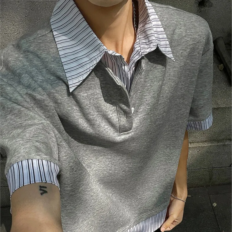 

Men Striped Polo Shirt Slim Fit Fake Two Piece Tshirt Summer 2025 Fashion Trendy Mens Breathable Casual Turn Down Collar Tops