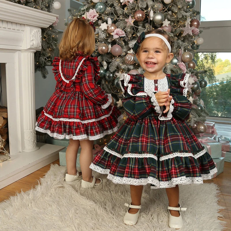 Christmas Red Dress For Girls Plaid Bow Trim Ruffle Plaid Party Princess Costumes Children New Year Xmas Costumes