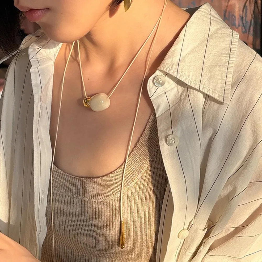 Korean Style Bead Pendant Necklace Aesthetic Vintage Cord Necklace Cord Material White Black Trend Choker Fine Accessories